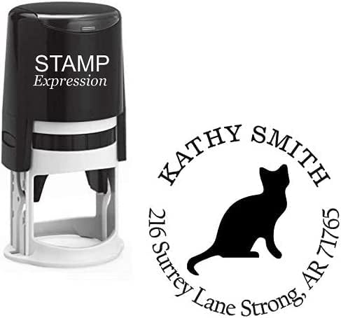 Black Cat Custom Return Address Stamp - Self Inking. Personalized Rubber Stamp with Lines of Text (SH-76068)