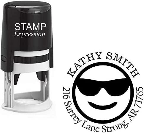 Cool Emoji Sunglasses Custom Return Address Stamp - Self Inking. Personalized Rubber Stamp with Lines of Text (SH-76281)