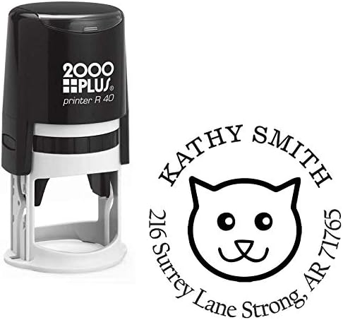 Cartoon Cat Custom Return Address Stamp - Self Inking. Personalized Rubber Stamp with Lines of Text (SH-76496)