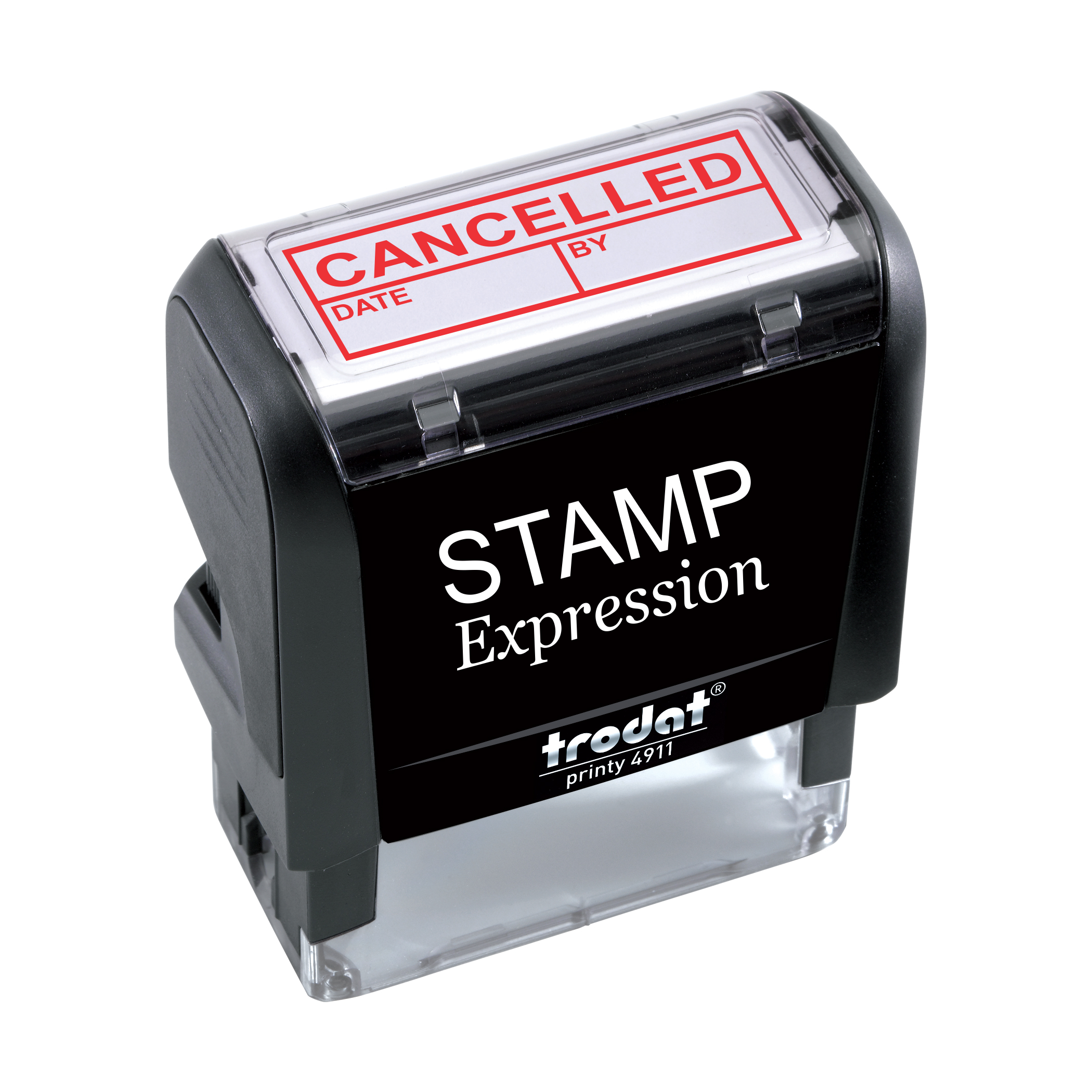 Cancelled with Date and by with line Office Self Inking Rubber Stamp