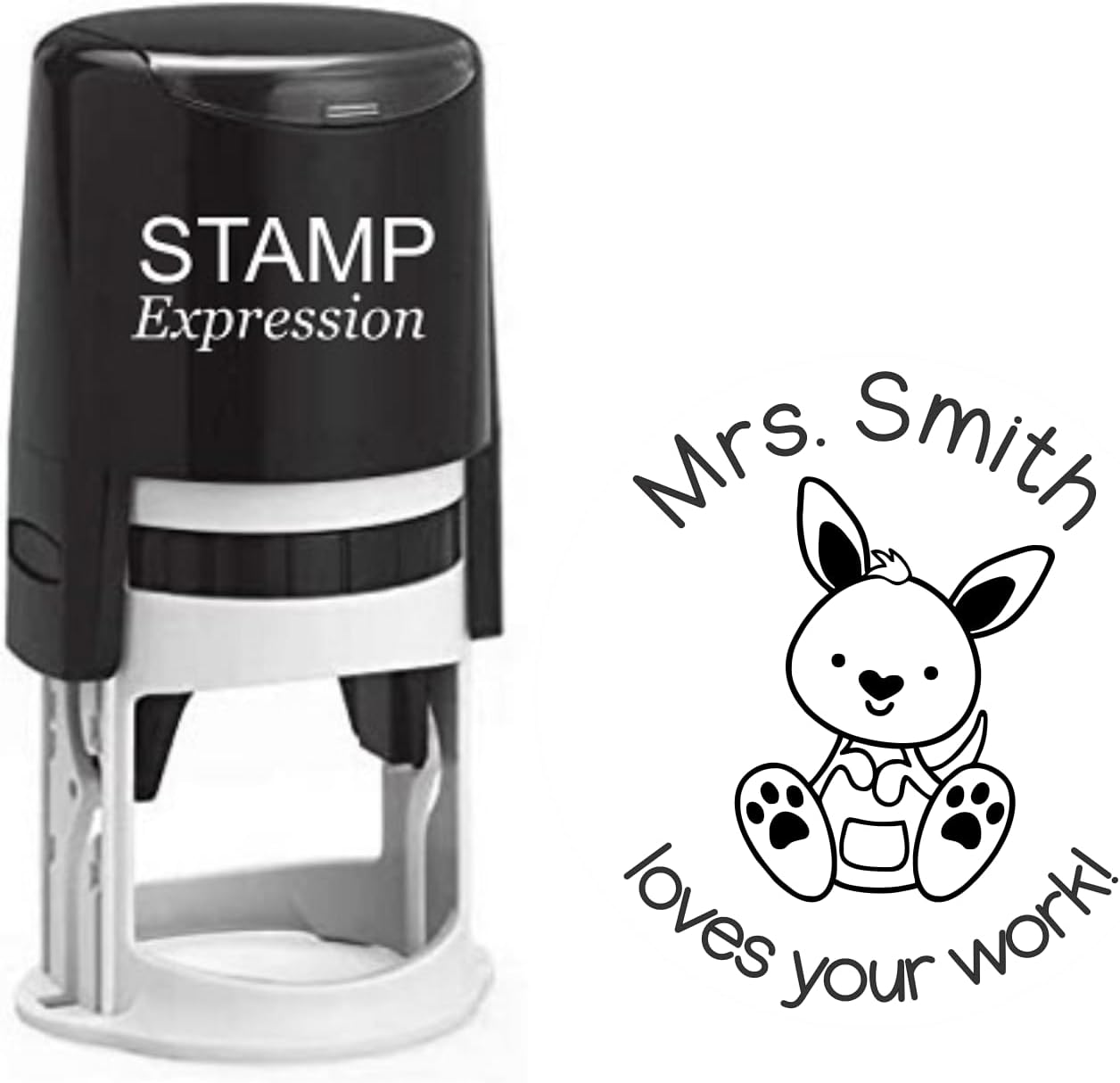 Loves Your Work Baby Kangaroo Teacher Custom Stamp - Self Inking. Personalized Rubber Stamp with Lines of Text (SH-76210)