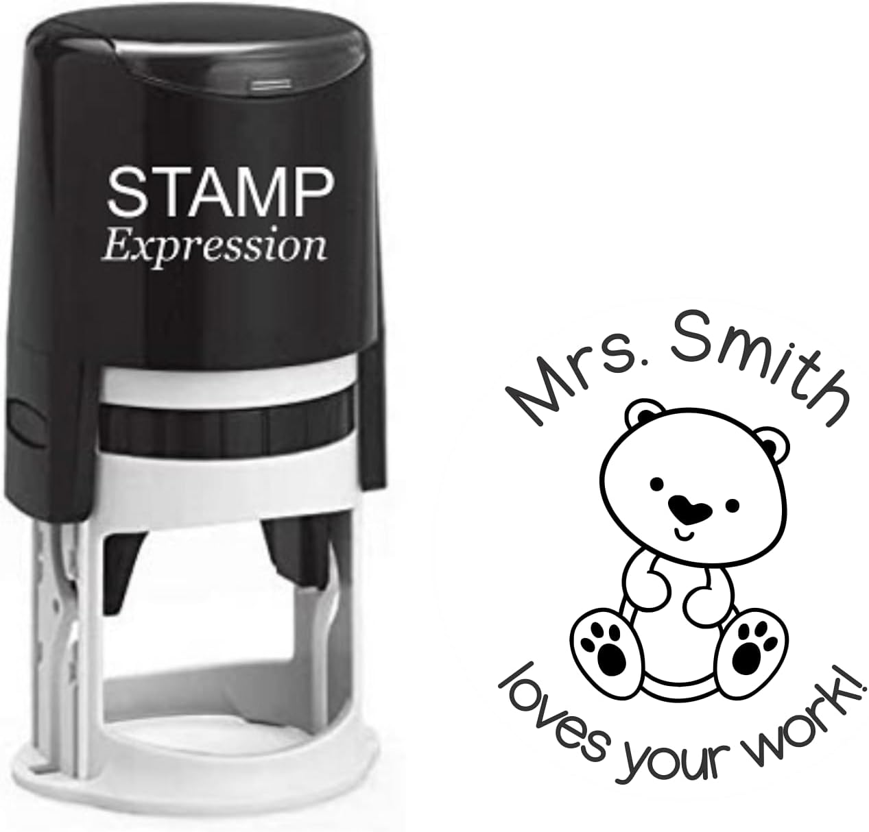 Loves Your Work Teddy Bear Teacher Custom Stamp - Self Inking. Personalized Rubber Stamp with Lines of Text (SH-76207)