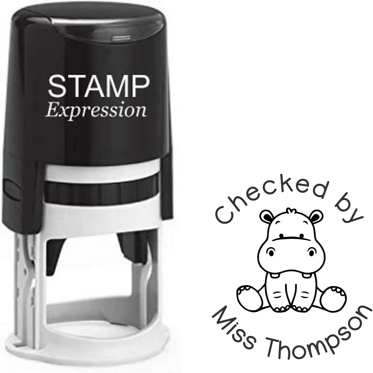 Checked by Little Hippo Teacher Custom Stamp for Classroom - Self Inking. Personalized Rubber Stamp with Lines of Text (SH-76224)