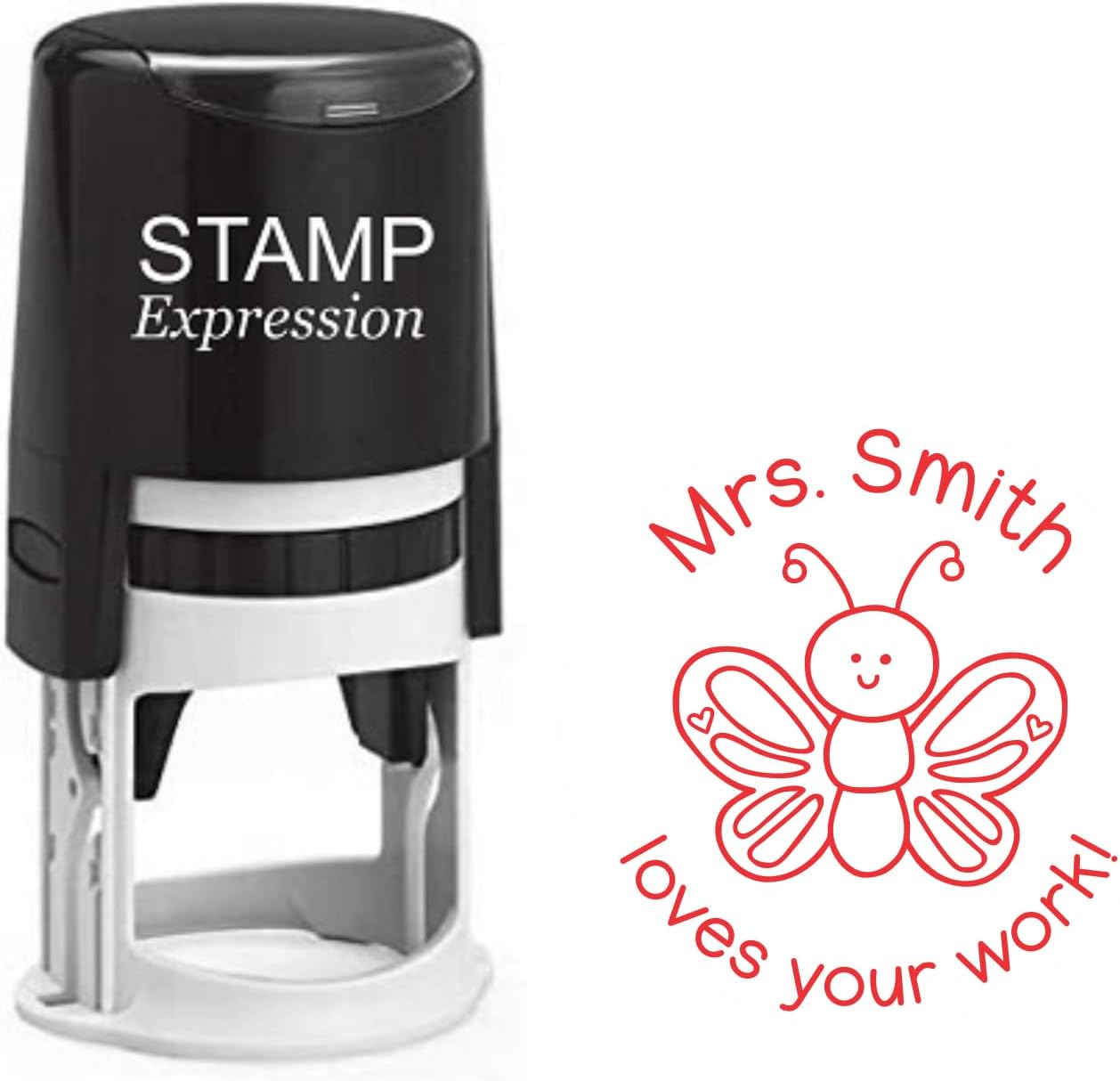 Loves Your Work Butterfly Teacher Custom Stamp - Self Inking. Personalized Rubber Stamp with Lines of Text (SH-76211)