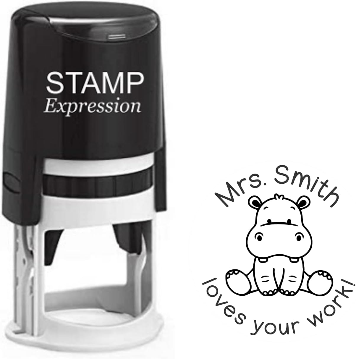 Loves Your Work Happy Hippo Teacher Custom Stamp - Self Inking. Personalized Rubber Stamp with Lines of Text (SH-76212)
