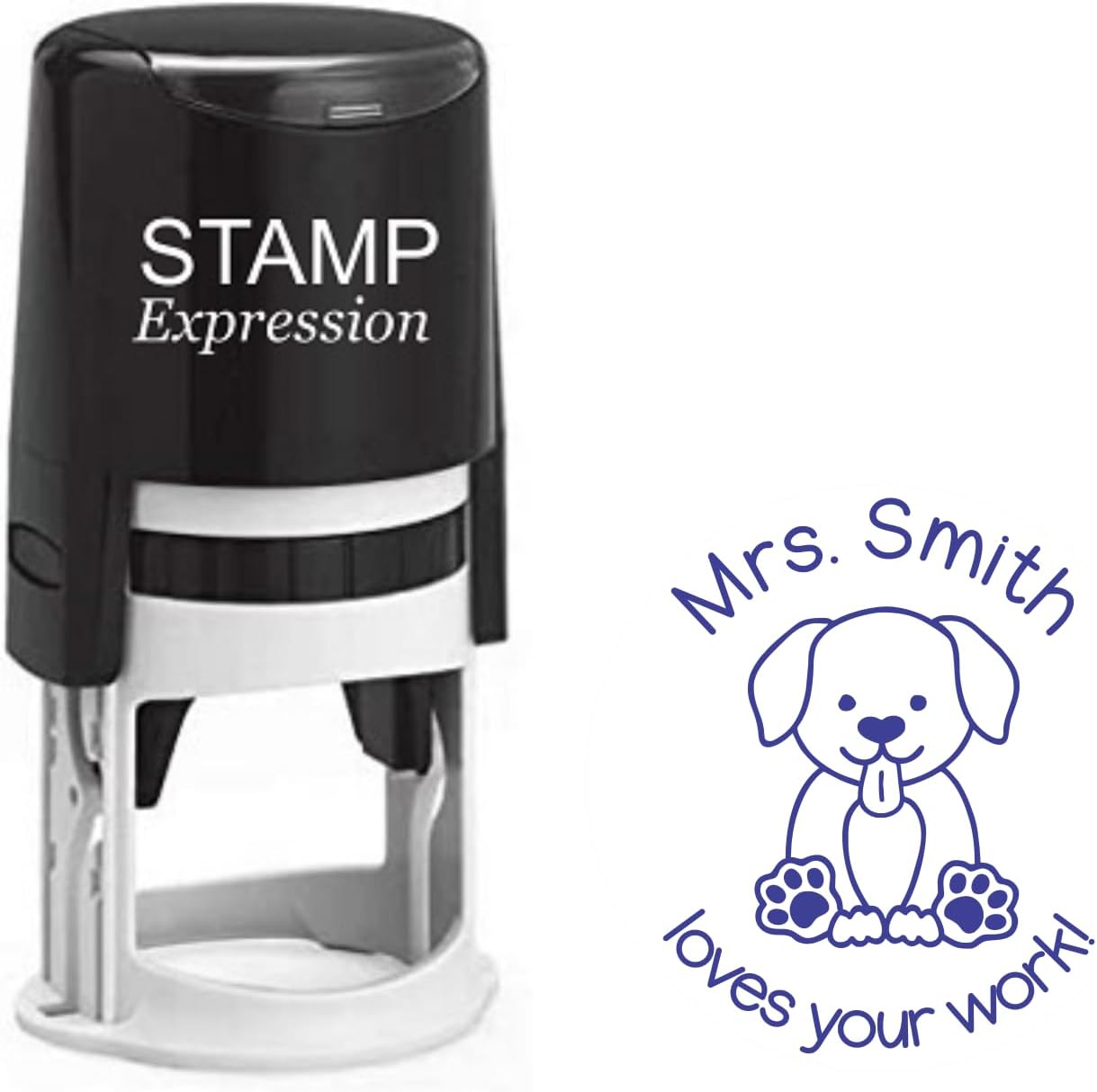 Loves Your Work with a Cute Puppy Teacher Custom Stamp - Self Inking. Personalized Rubber Stamp with Lines of Text (SH-76208)