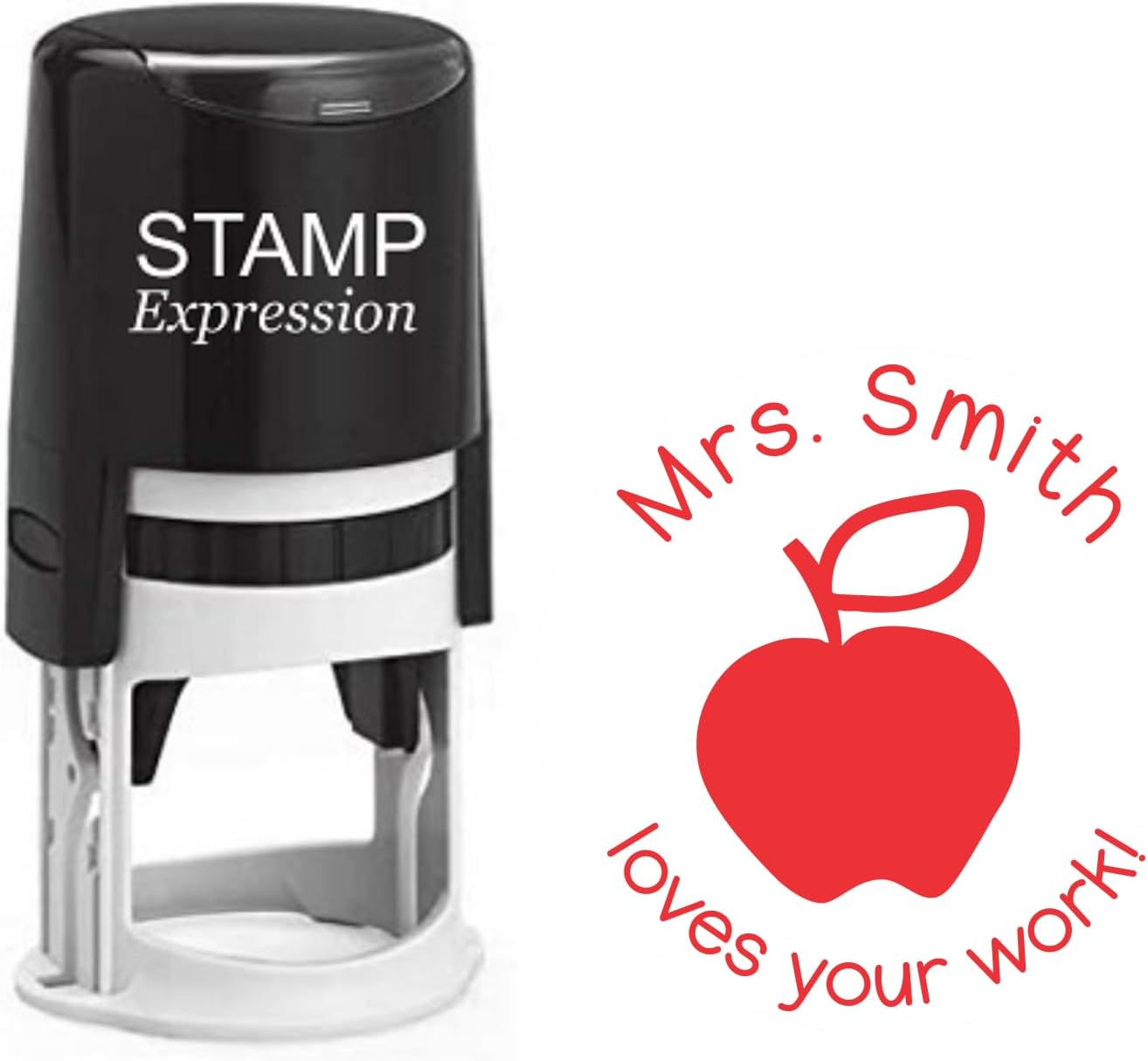 Loves Your Work with Apple Teacher Custom Stamp - Self Inking. Personalized Rubber Stamp with Lines of Text (SH-76209)