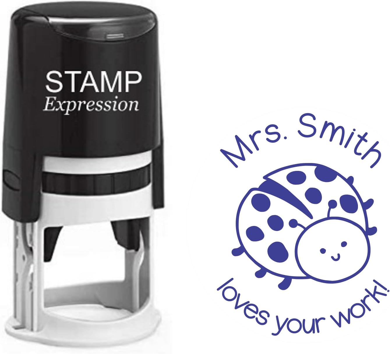 Loves Your Work with Ladybug Teacher Custom Stamp - Self Inking. Personalized Rubber Stamp with Lines of Text (SH-76206)