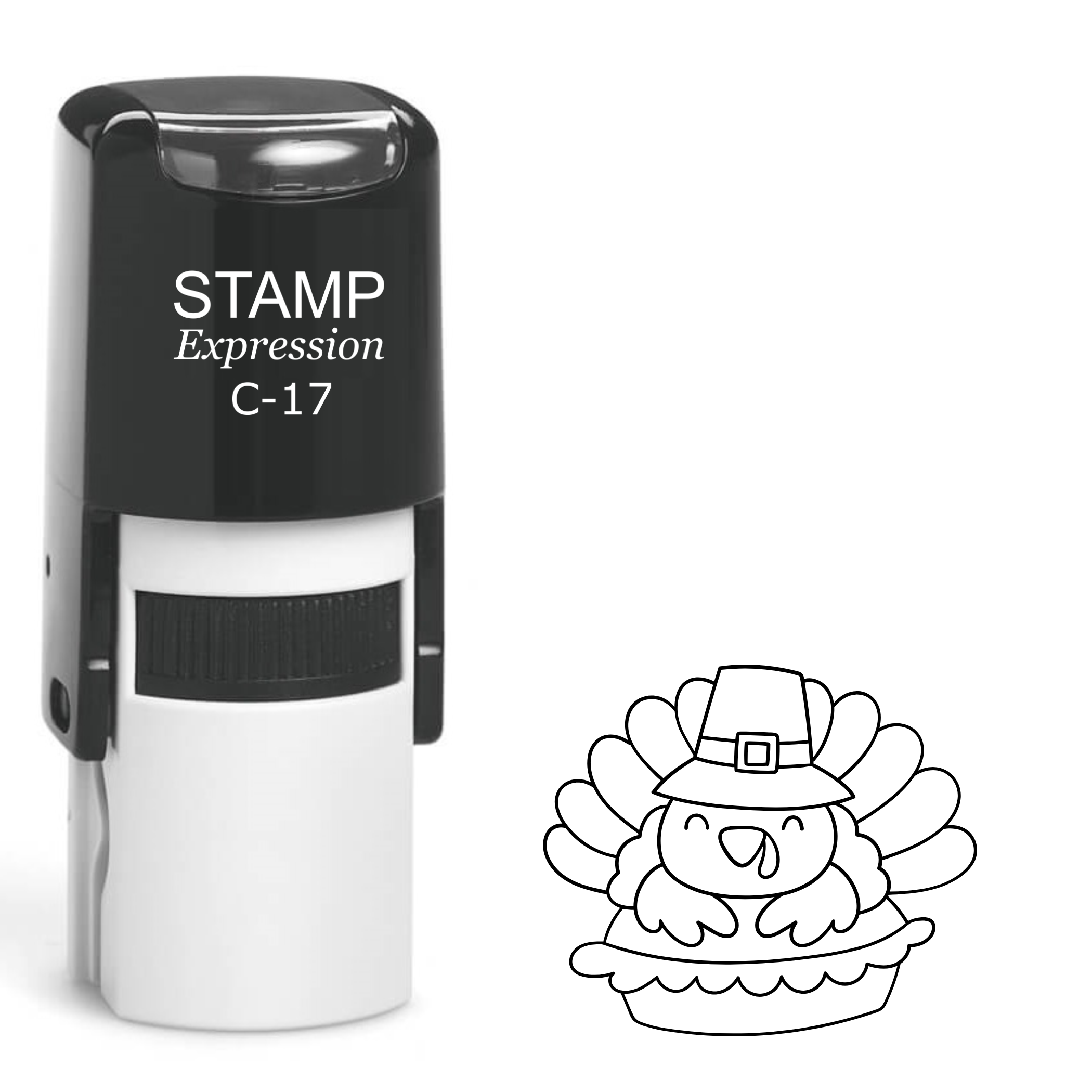 Baby turkey laying on top of the pie Thanksgiving Self Inking Rubber Stamp (SH-63577)