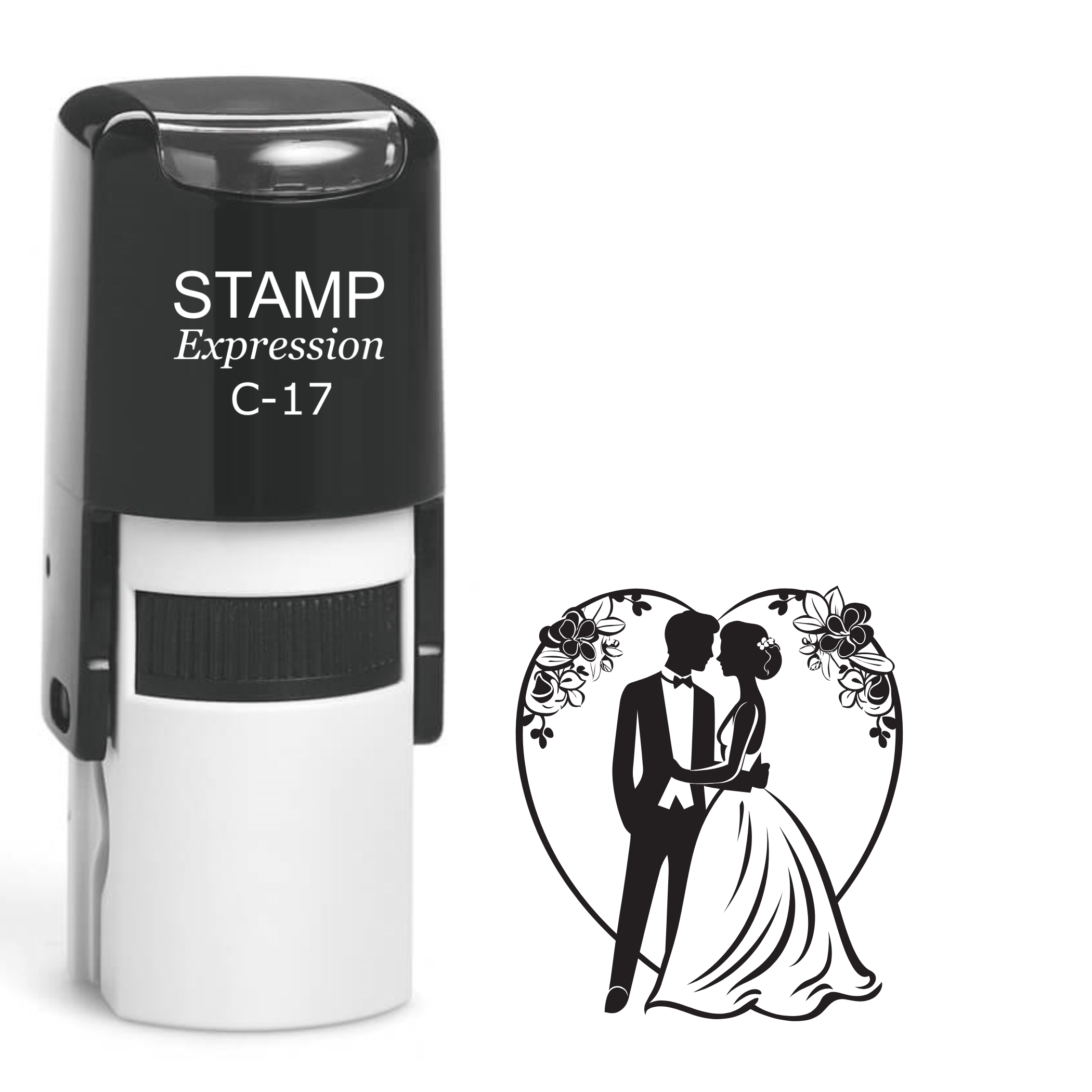 Bride and groom standing in front of heart and flowers Self Inking Rubber Stamp (SH-64298)