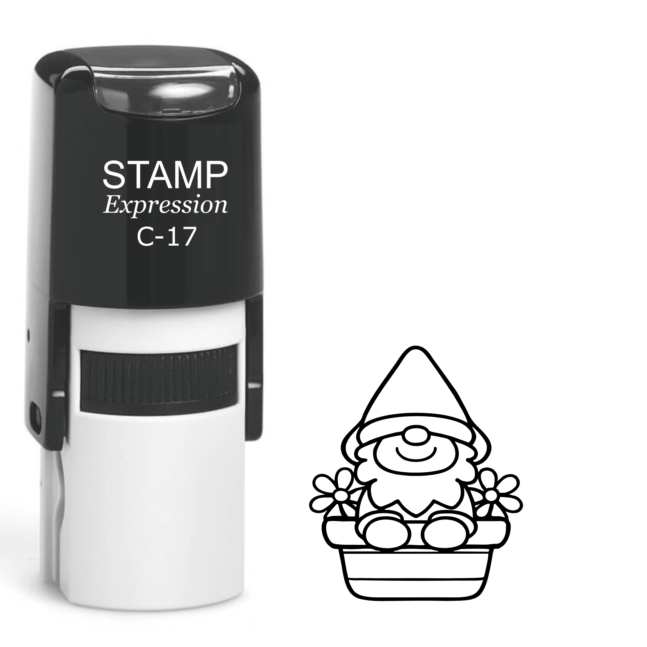 Gardening gnome sitting inside flower pot Self Inking Rubber Stamp (SH-64362)