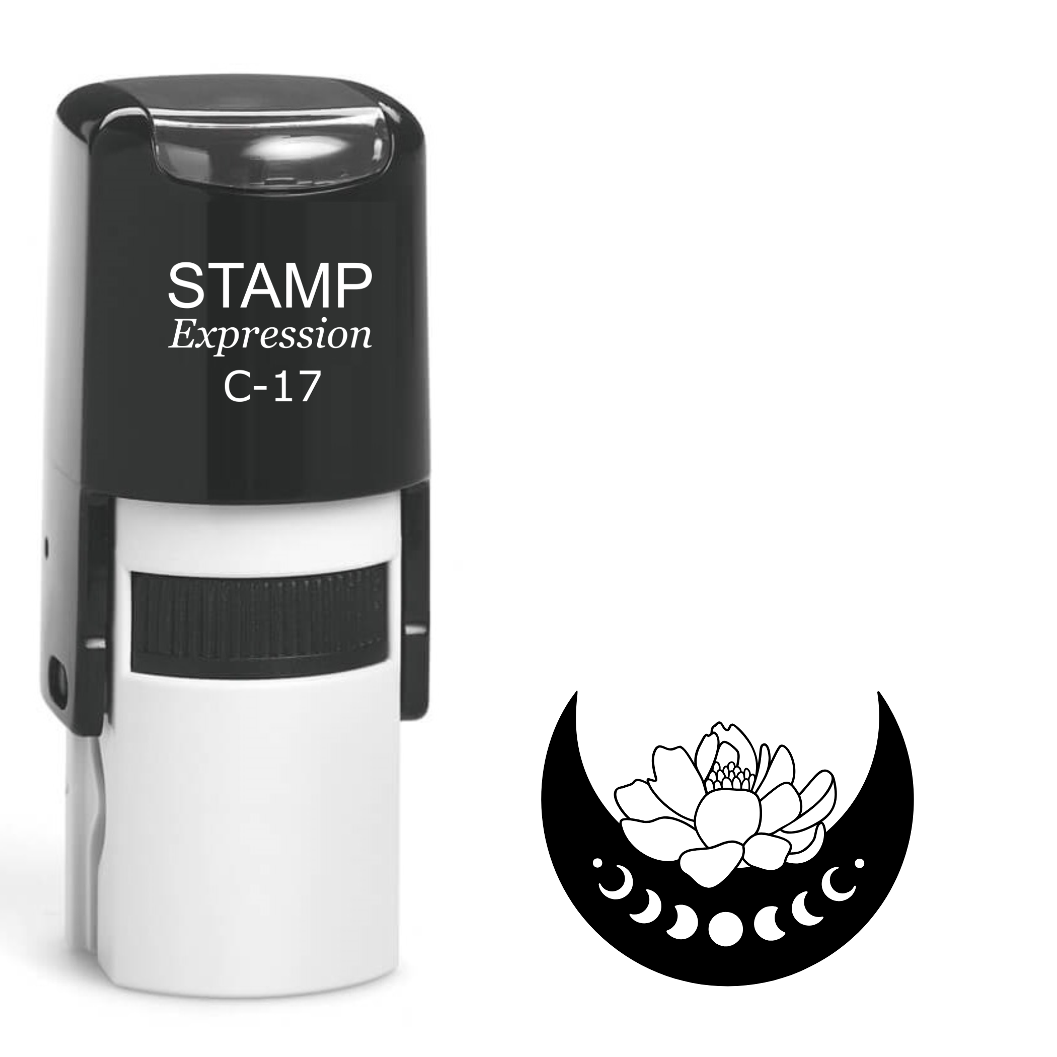 Dark crescent moon with moon phases and lotus flower Self Inking Rubber Stamp (SH-64563)