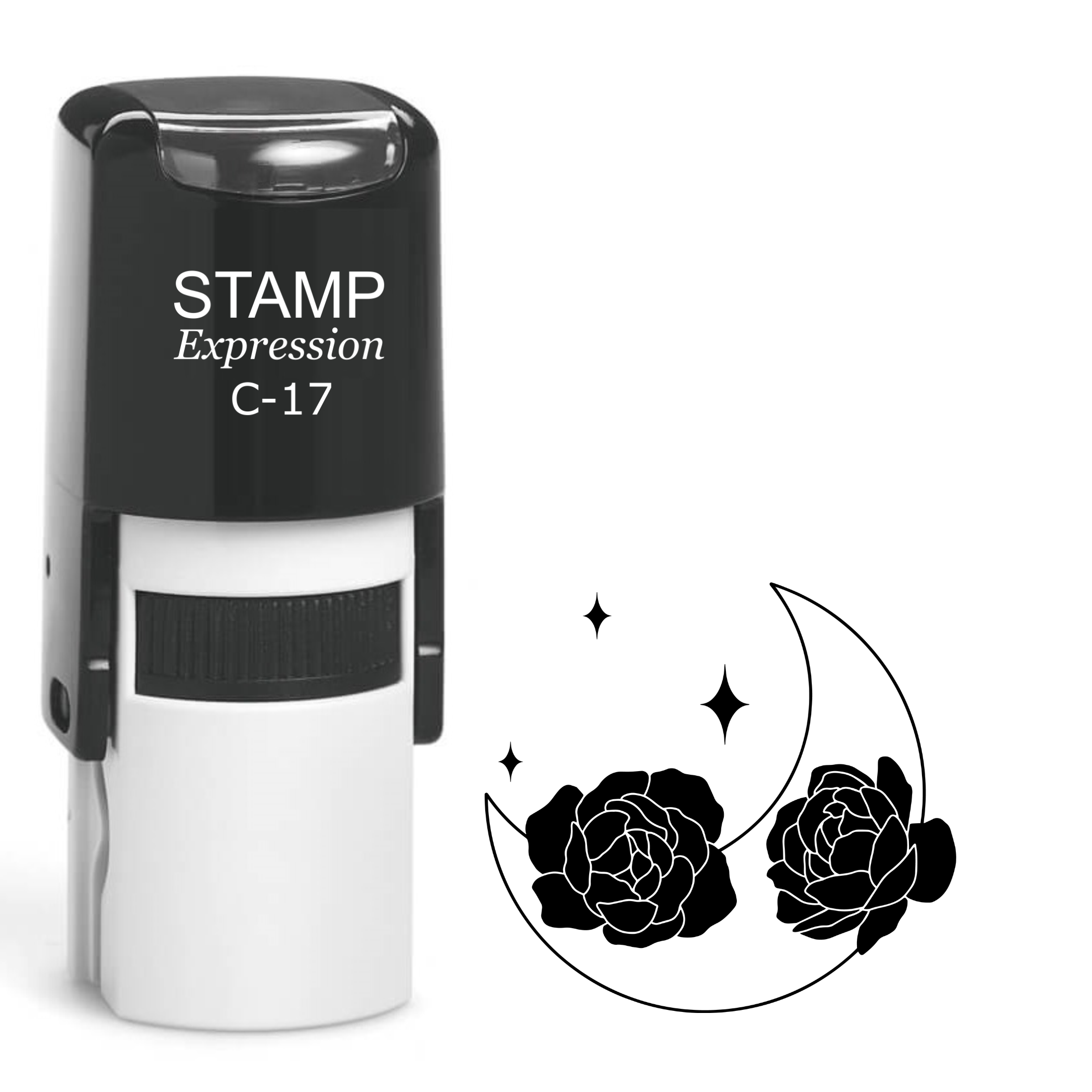 Crescent moon outline with two peony flowers Self Inking Rubber Stamp (SH-64568)