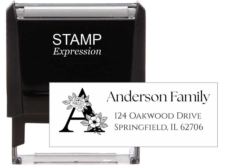 Letter A With Flowers Self-Inking Custom Rubber Stamp Personalized Return Address Stamp With Name and Address Self-Inking Custom Rubber Stamp | Personalized Return Address Stamp | Name & Address Customizable (70862)