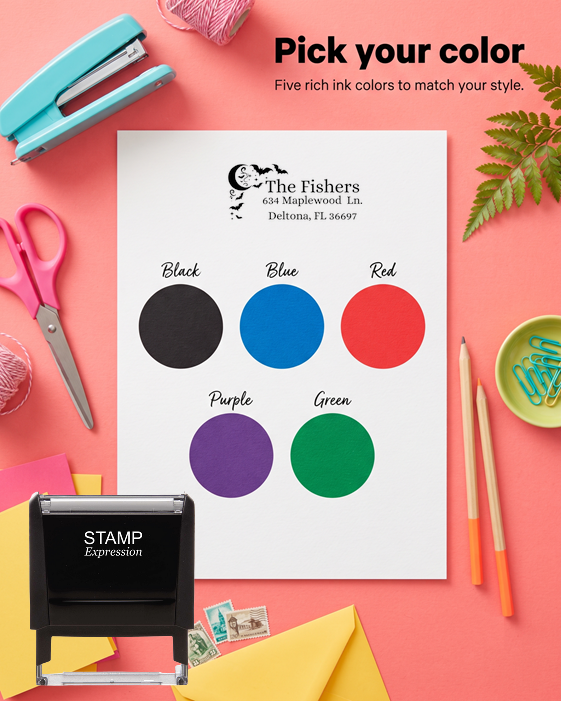 Halloween Moon with BatsSelf-Inking Custom Rubber Stamp Personalized Return Address Stamp With Name and Address Self-Inking Custom Rubber Stamp | Personalized Return Address Stamp | Name & Address Customizable (70896)