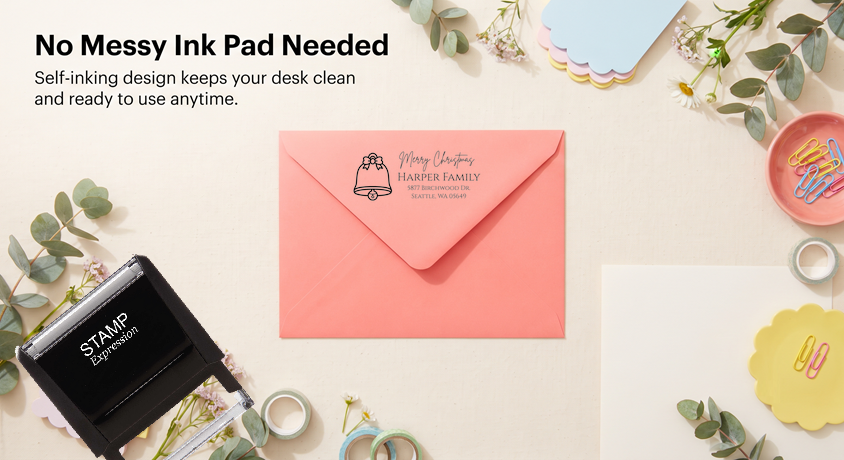 Merry Christmas BellSelf-Inking Custom Rubber Stamp Personalized Return Address Stamp With Name and Address Self-Inking Custom Rubber Stamp | Personalized Return Address Stamp | Name & Address Customizable (70933)