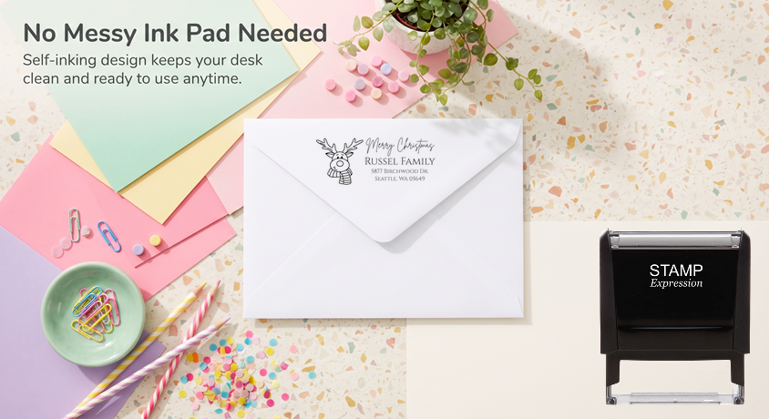 Merry Christmas ReindeerSelf-Inking Custom Rubber Stamp Personalized Return Address Stamp With Name and Address Self-Inking Custom Rubber Stamp | Personalized Return Address Stamp | Name & Address Customizable (70939)