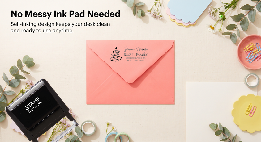 Season's Greetings Christmas TreeSelf-Inking Custom Rubber Stamp Personalized Return Address Stamp With Name and Address Self-Inking Custom Rubber Stamp | Personalized Return Address Stamp | Name & Address Customizable (70940)