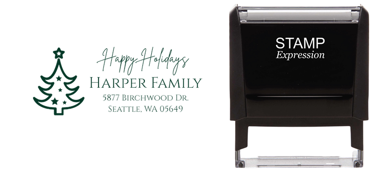 Happy Holidays Christmas TreeSelf-Inking Custom Rubber Stamp Personalized Return Address Stamp With Name and Address Self-Inking Custom Rubber Stamp | Personalized Return Address Stamp | Name & Address Customizable (70956)