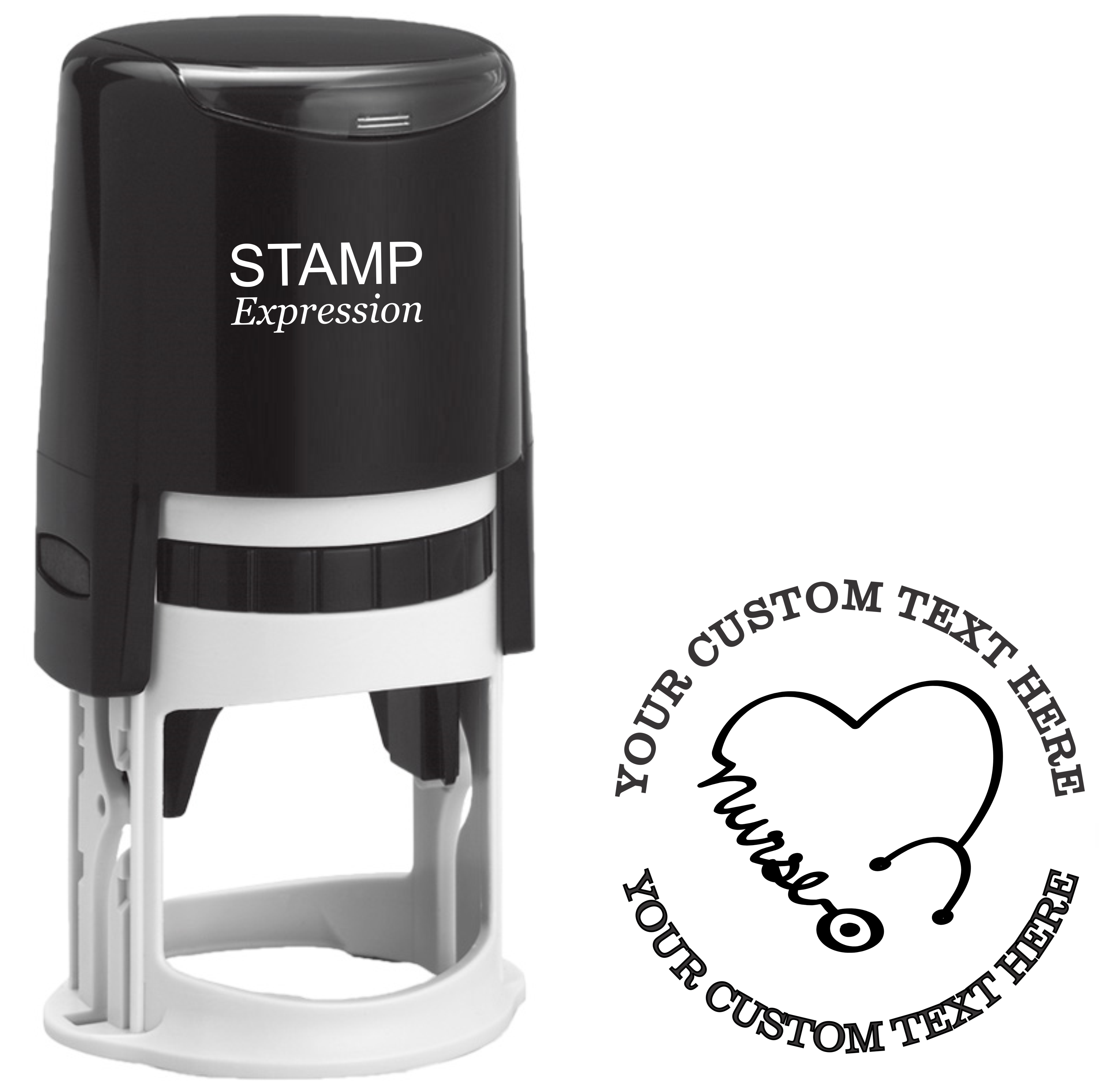 Heart stethoscope with the word nurse  Self-Inking Custom Rubber Stamp | Personalized Return Address Stamp | Name & Address Customizable | 1.6" In Diameter (SH-76511)