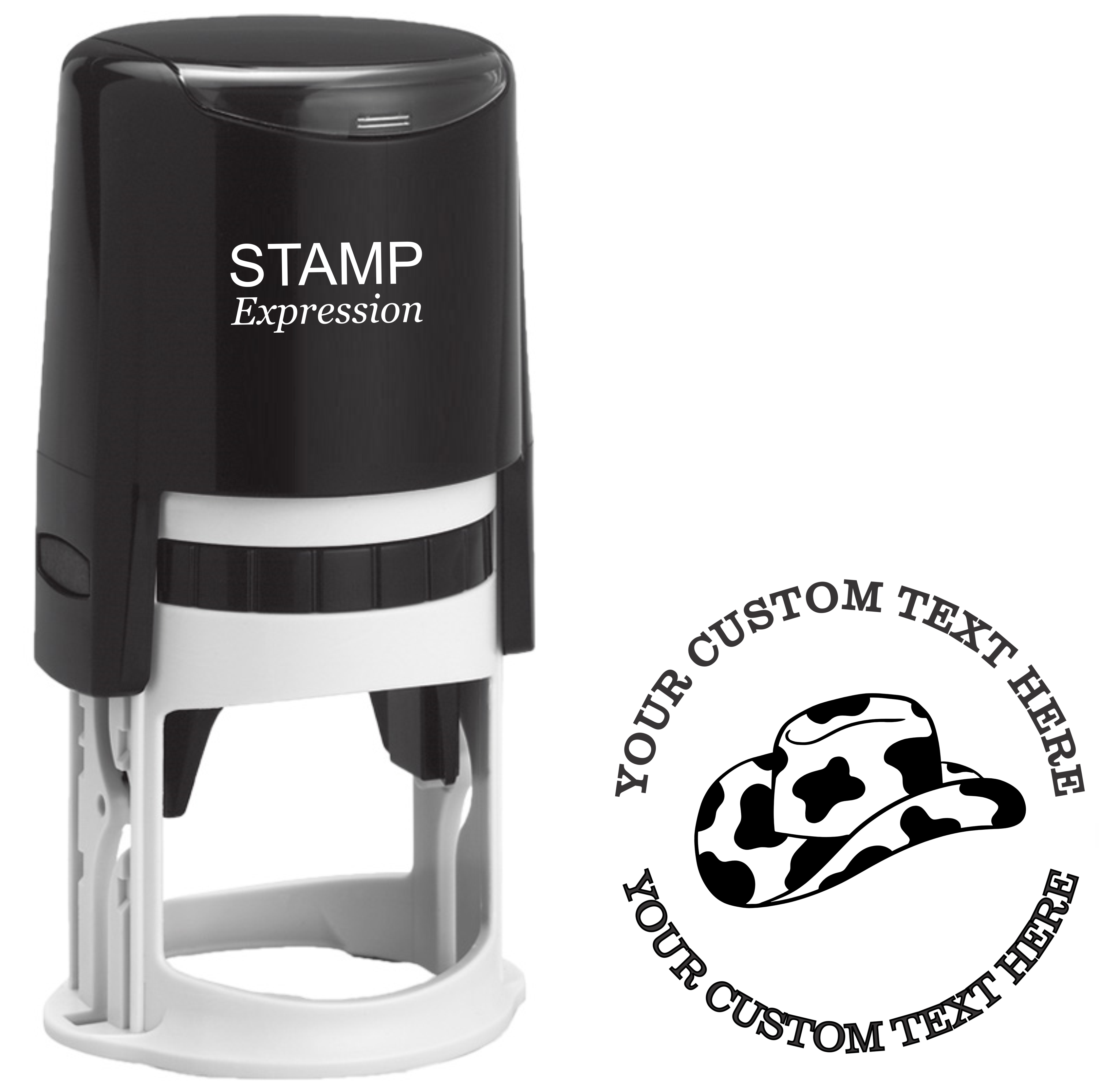 Cow print cowboy hat  Self-Inking Custom Rubber Stamp | Personalized Return Address Stamp | Name & Address Customizable | 1.6" In Diameter (SH-76522)