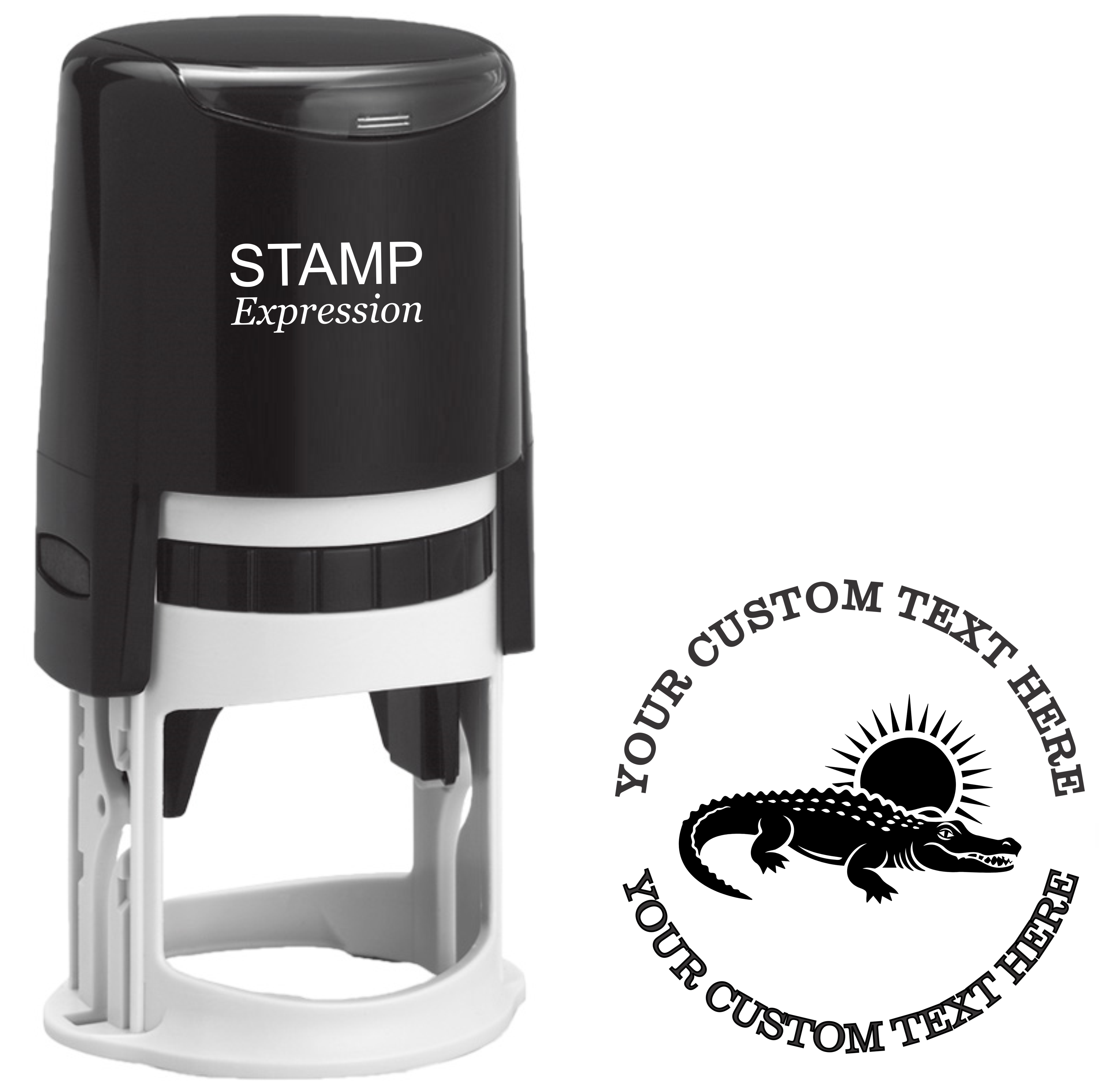 Alligator with a sun silhouette  Self-Inking Custom Rubber Stamp | Personalized Return Address Stamp | Name & Address Customizable | 1.6" In Diameter (SH-76542)