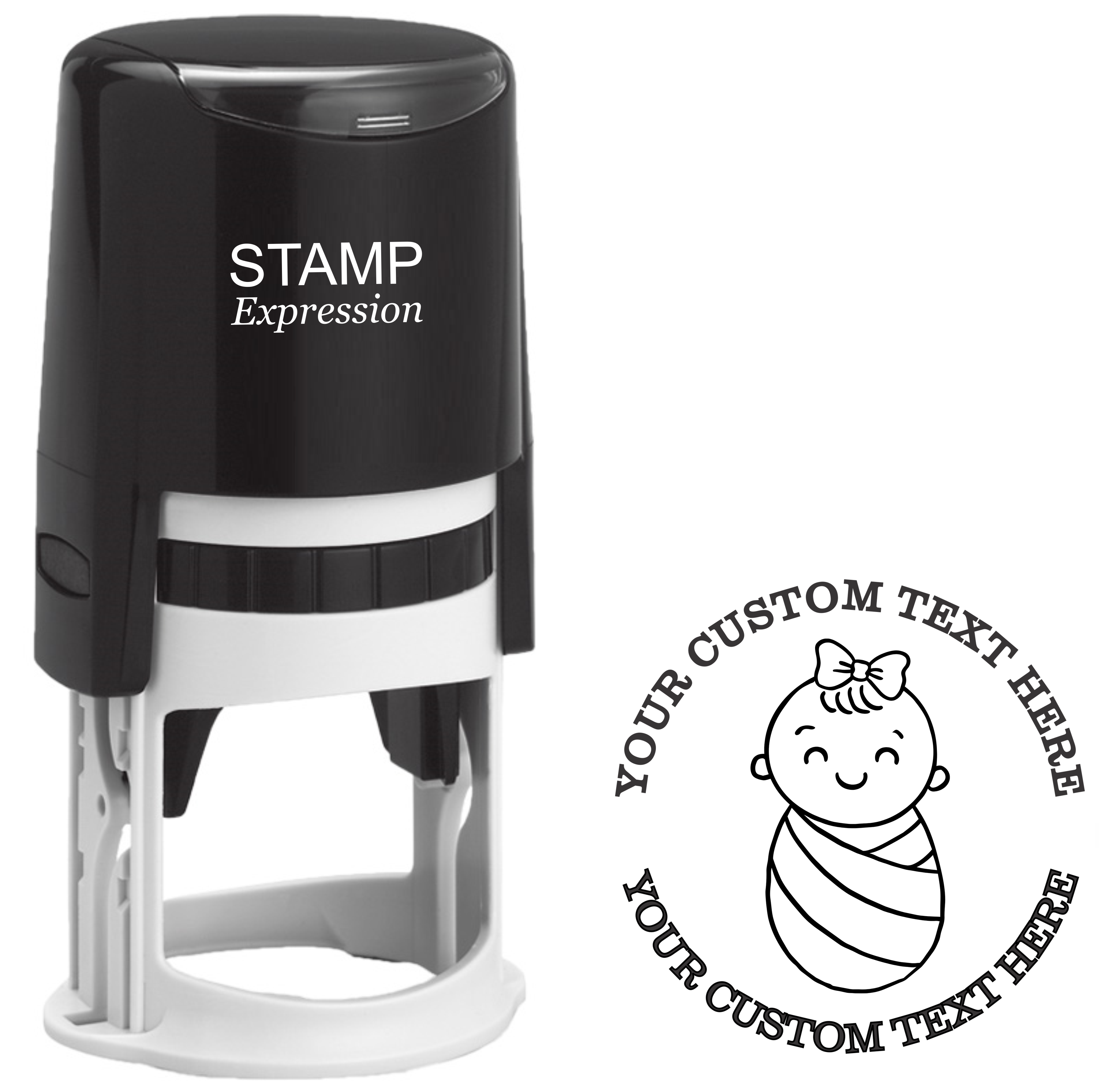 Newborn swaddle baby outline  Self-Inking Custom Rubber Stamp | Personalized Return Address Stamp | Name & Address Customizable | 1.6" In Diameter (SH-76545)