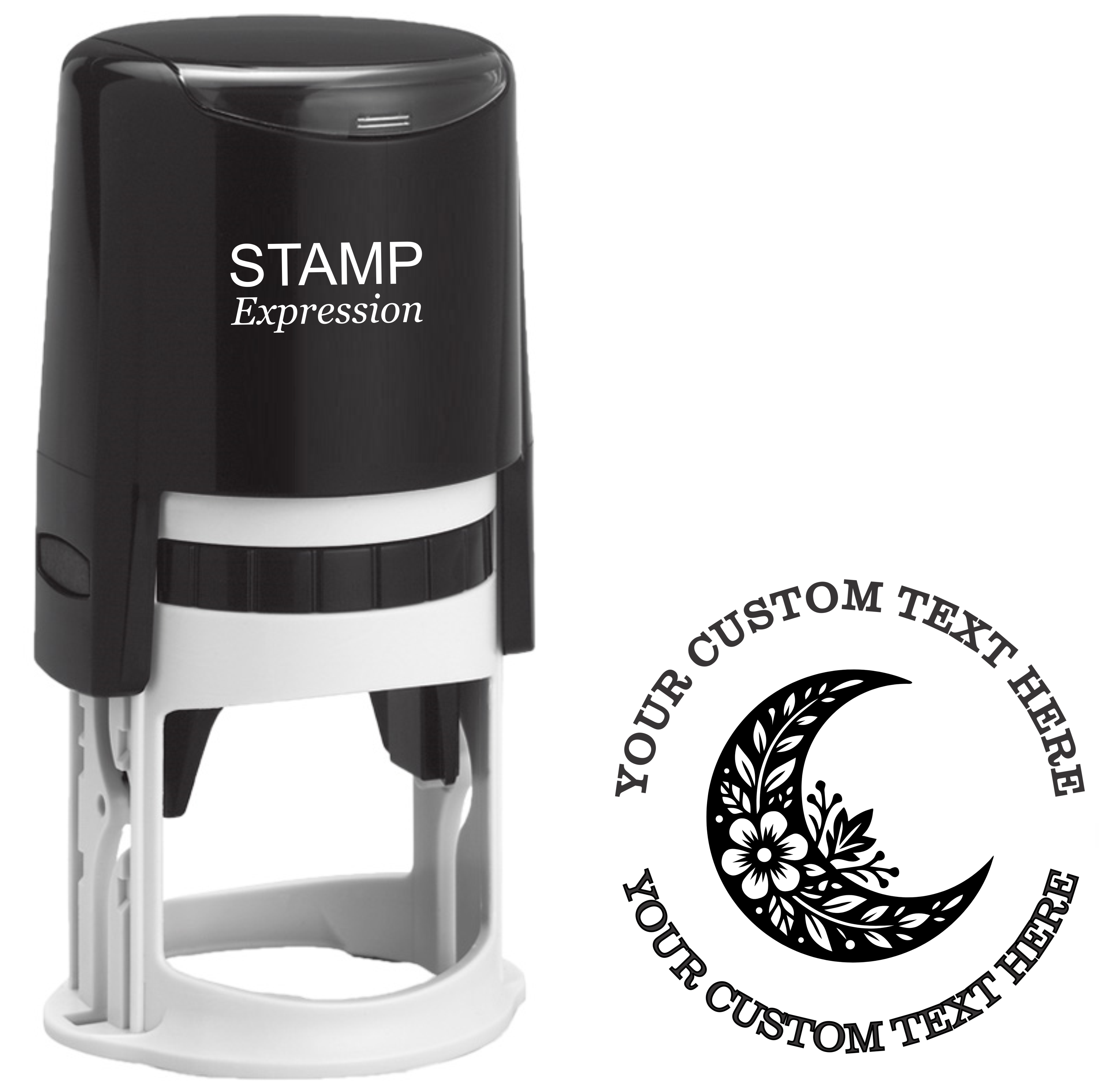 Ornate crescent moon with flowers Celestial Boho  Self-Inking Custom Rubber Stamp | Personalized Return Address Stamp | Name & Address Customizable | 1.6" In Diameter (SH-76562)