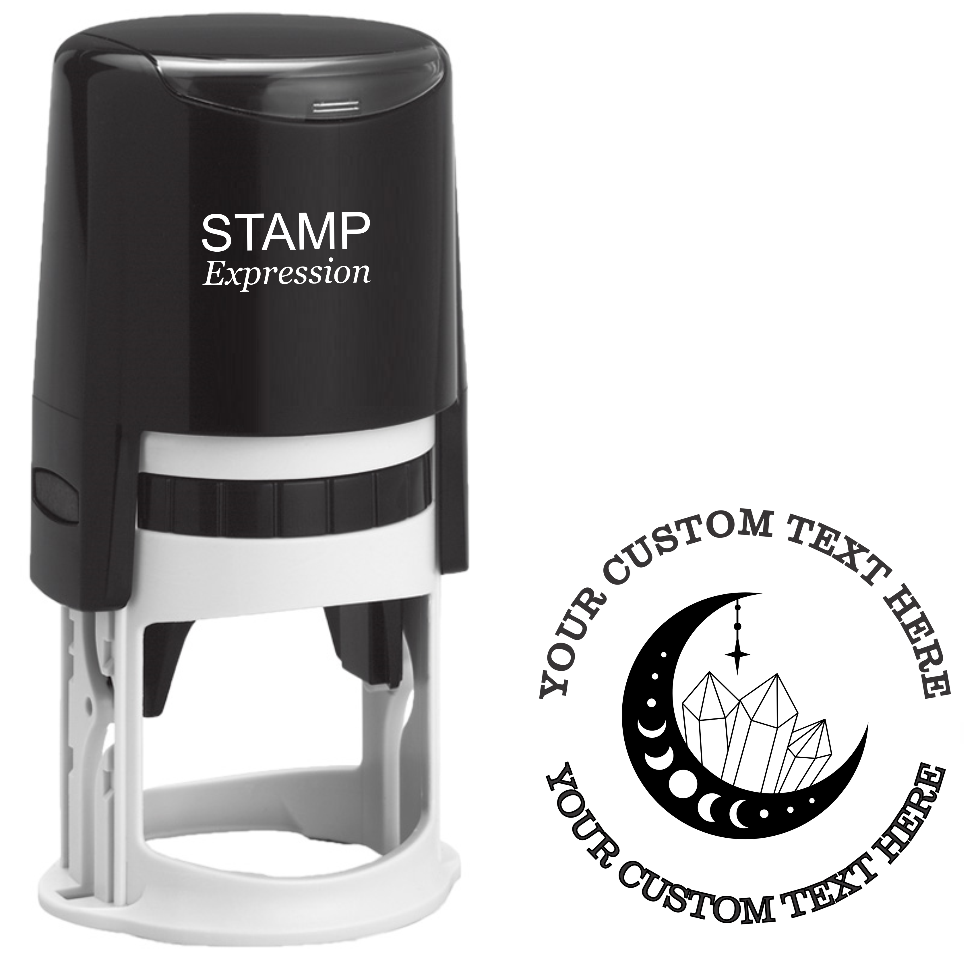 Crescent moon silhouette with crystals  Self-Inking Custom Rubber Stamp | Personalized Return Address Stamp | Name & Address Customizable | 1.6" In Diameter (SH-76567)