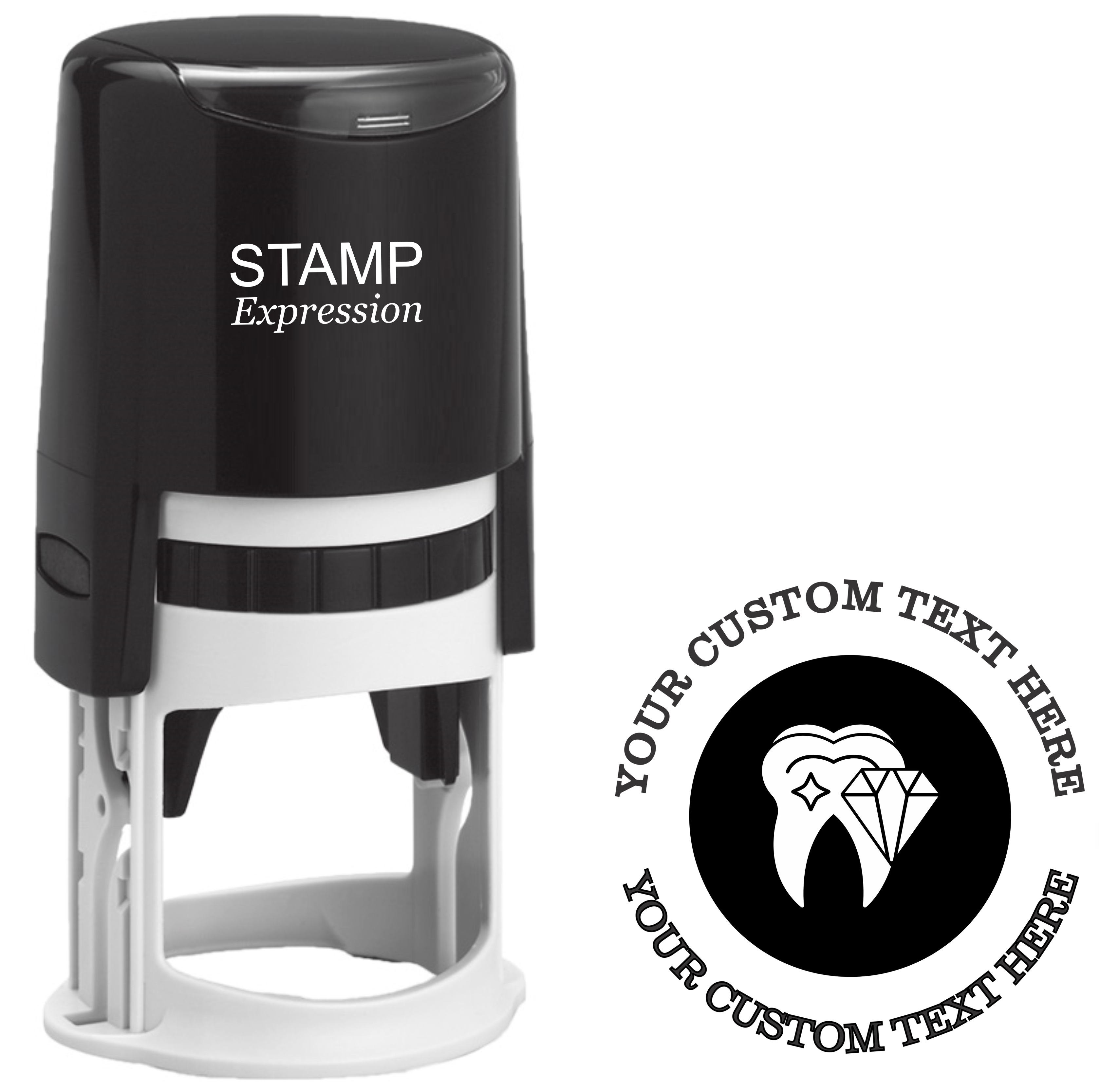 Sparkling tooth in a dark circle  Self-Inking Custom Rubber Stamp | Personalized Return Address Stamp | Name & Address Customizable | 1.6" In Diameter (SH-76583)