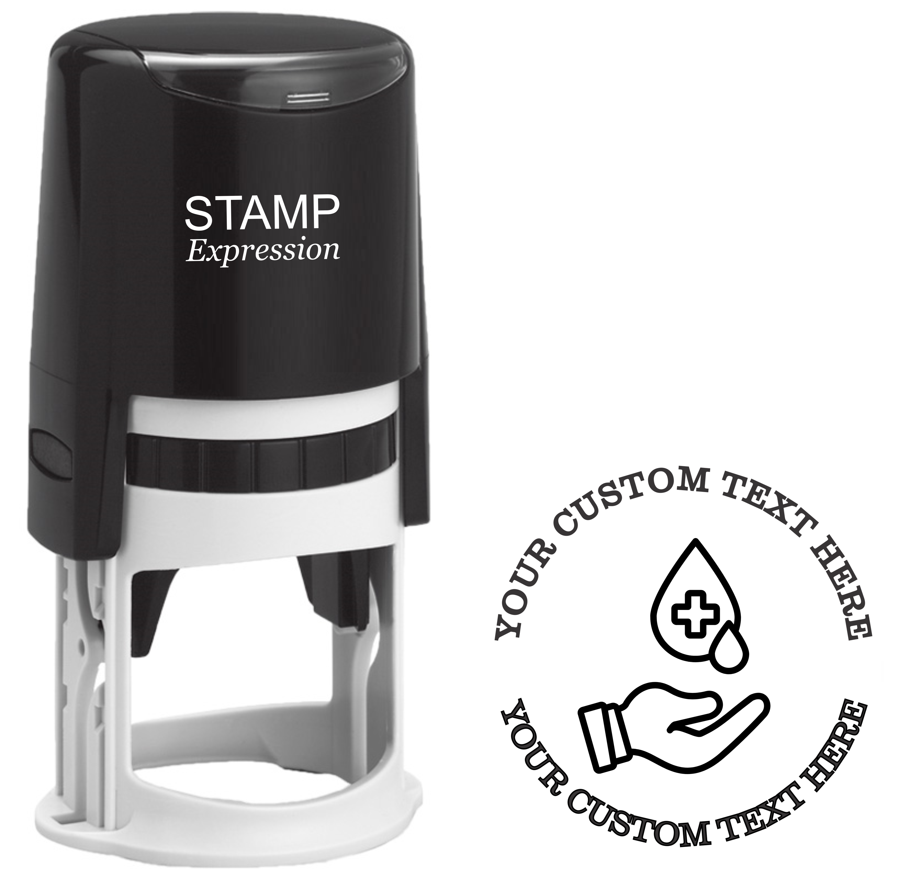 Blood donation support hand holding blood drops  Self-Inking Custom Rubber Stamp | Personalized Return Address Stamp | Name & Address Customizable | 1.6" In Diameter (SH-76598)