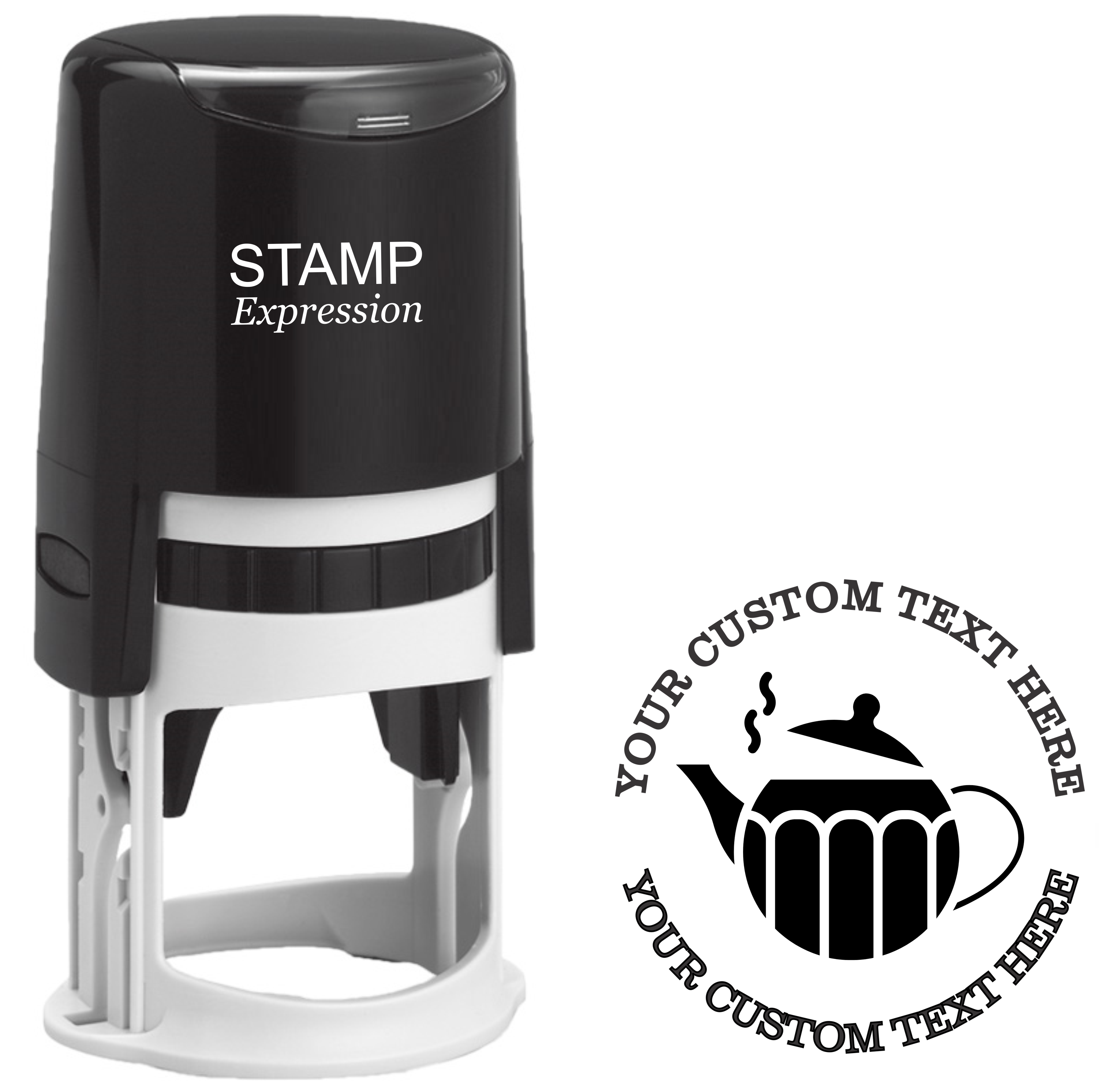 Steaming tea kettle silhouette  Self-Inking Custom Rubber Stamp | Personalized Return Address Stamp | Name & Address Customizable | 1.6" In Diameter (SH-76606)