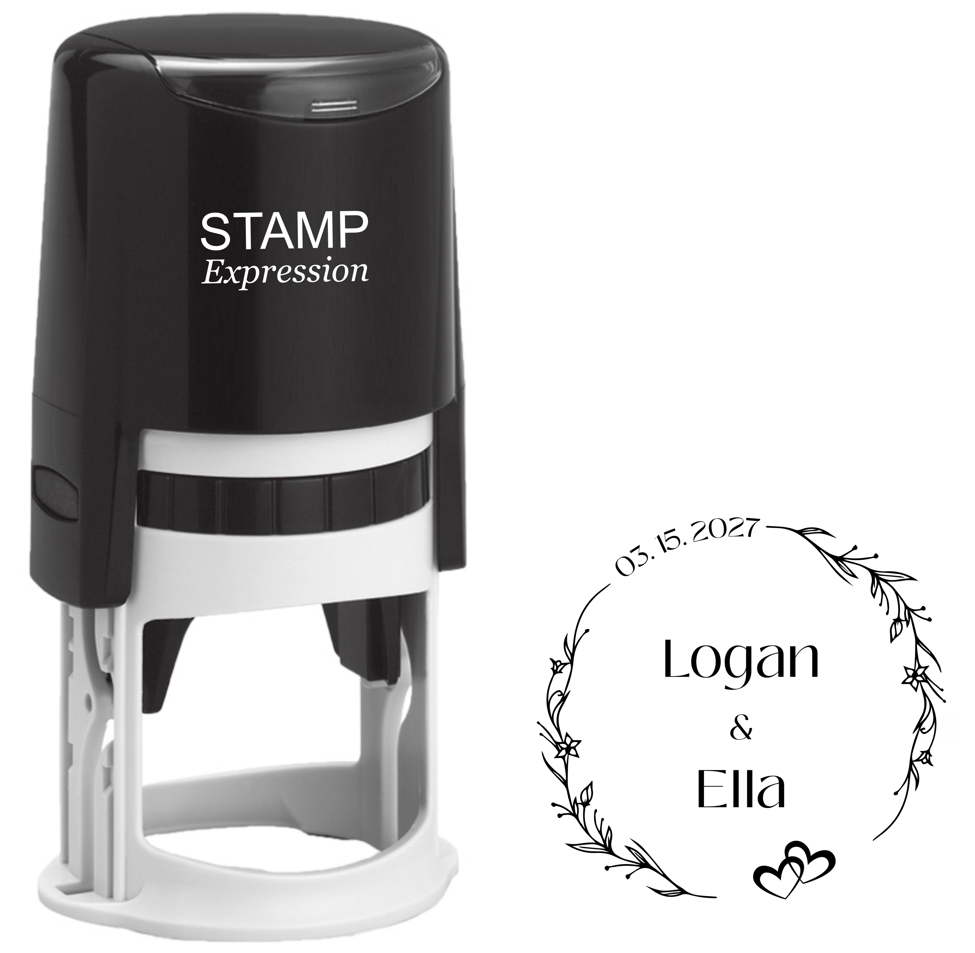 Landon & Victoria Floral Border Wedding Stamp with Date