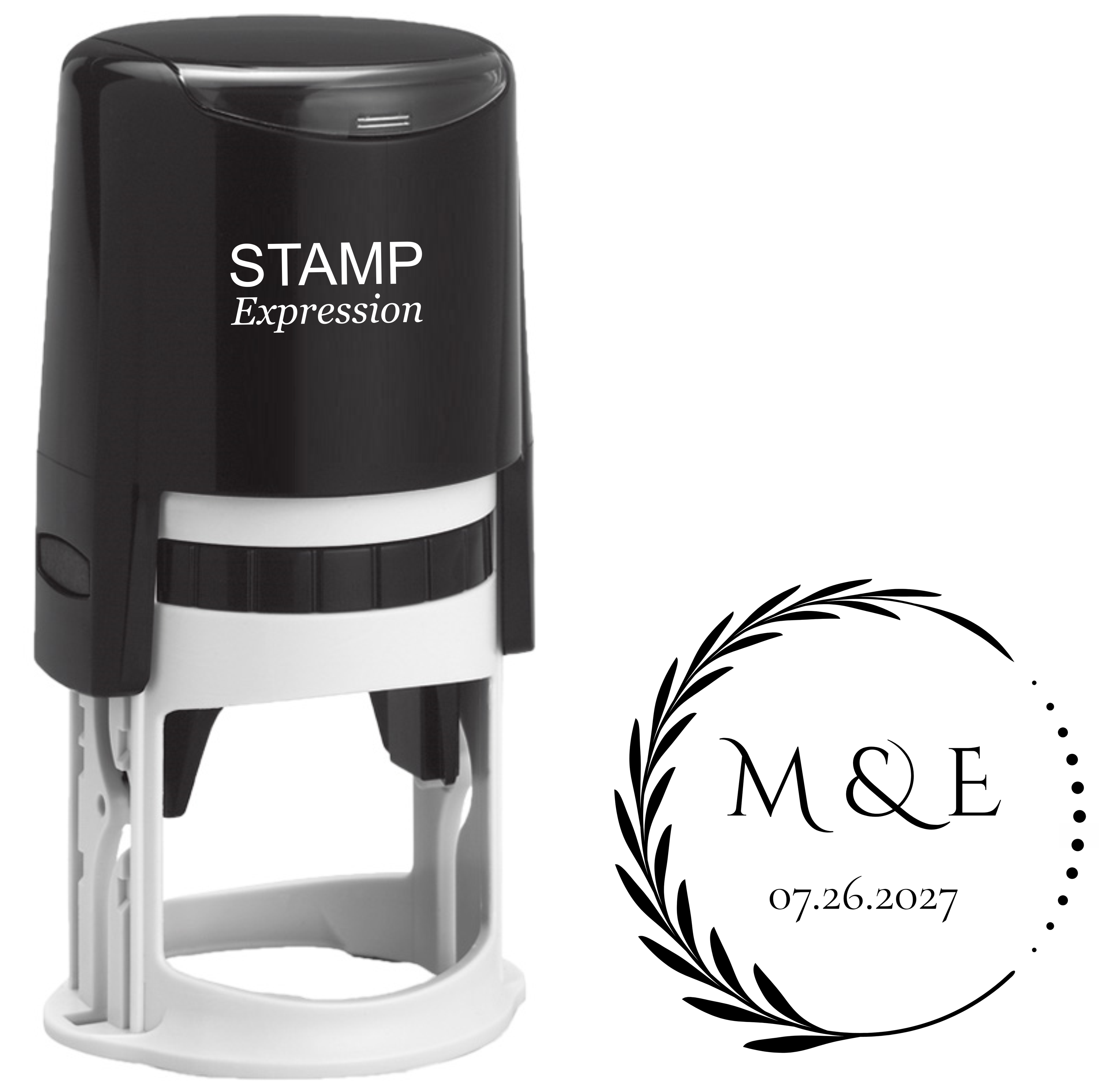 M & E Floral Frame Wedding Stamp With Date